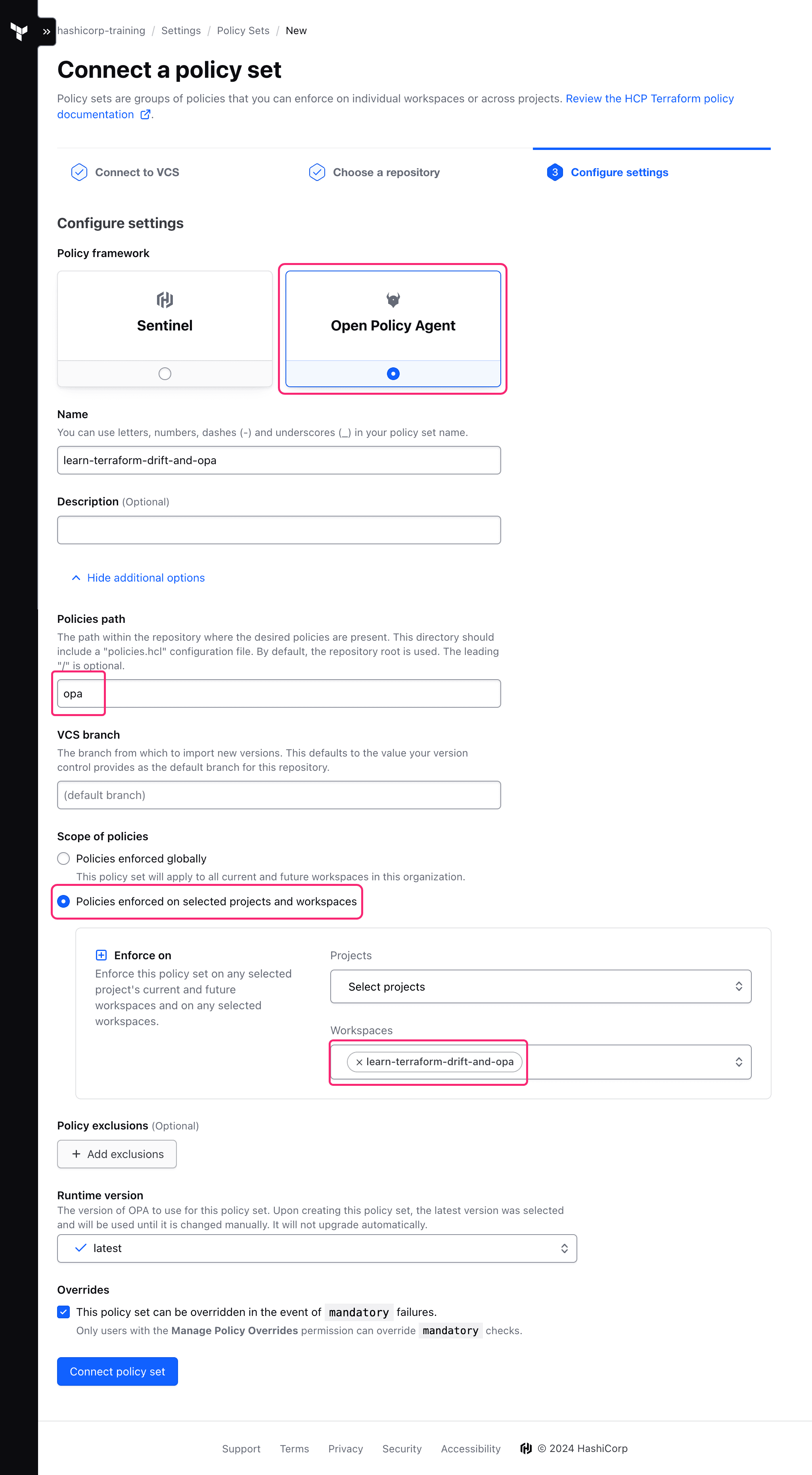 Configured HCP Terraform OPA policy set